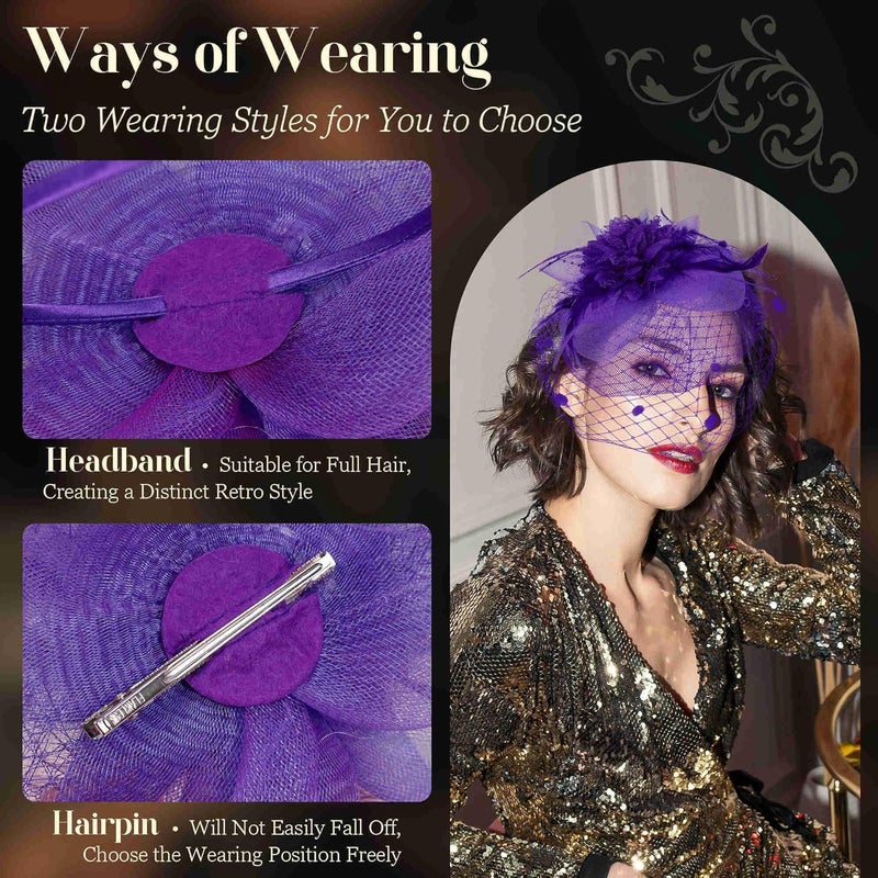 Masedy Fascinators Hats for Women Tea Party Hat Feather Mesh Headband Vintage Lace Cocktail Headwear Veil Hair Clip Church - Image 3